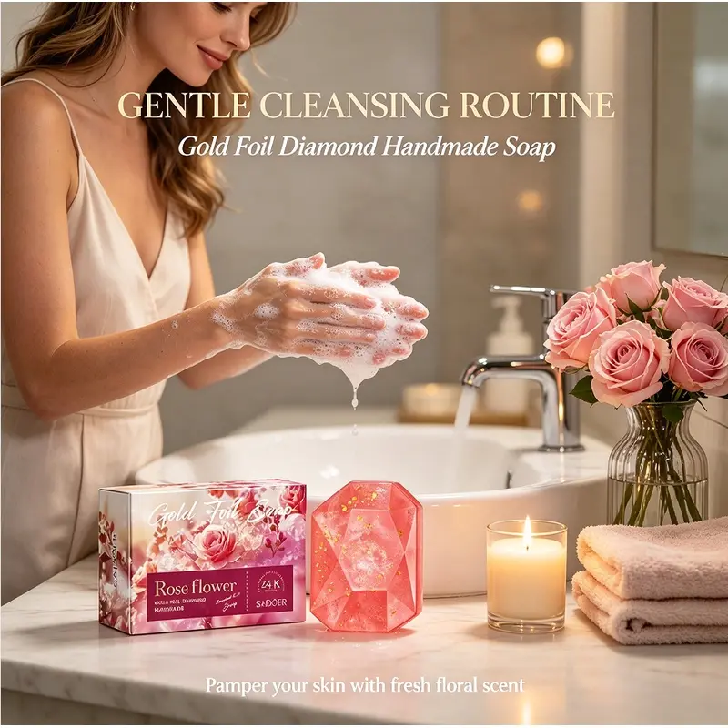 Gold Foil Diamond Essential Oil Handmade Soap, Gentle Face & Body Cleanser, Moisturizing Cleansing Bar Soap, Rose Flower Bluebells Lemon Fruit Sakura Fragrance