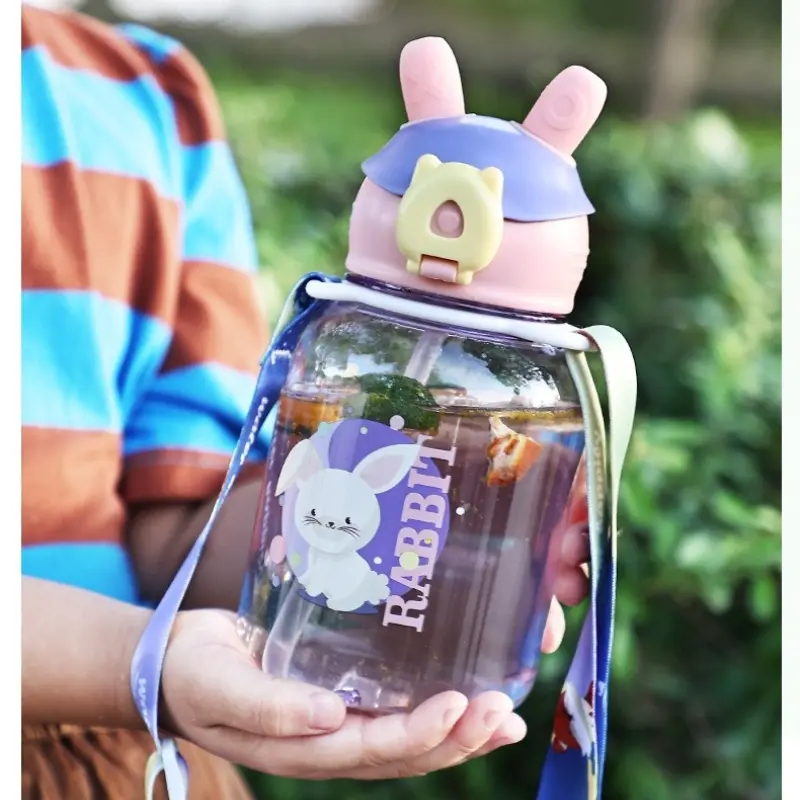 Cartoon cute pet children's strap water cup, one-button elastic cover leak-proof, special for kindergarten babies to go to school, strap straw kettle, crossbody portable design, Toddler Cup With Straw Water Bottle Toddler