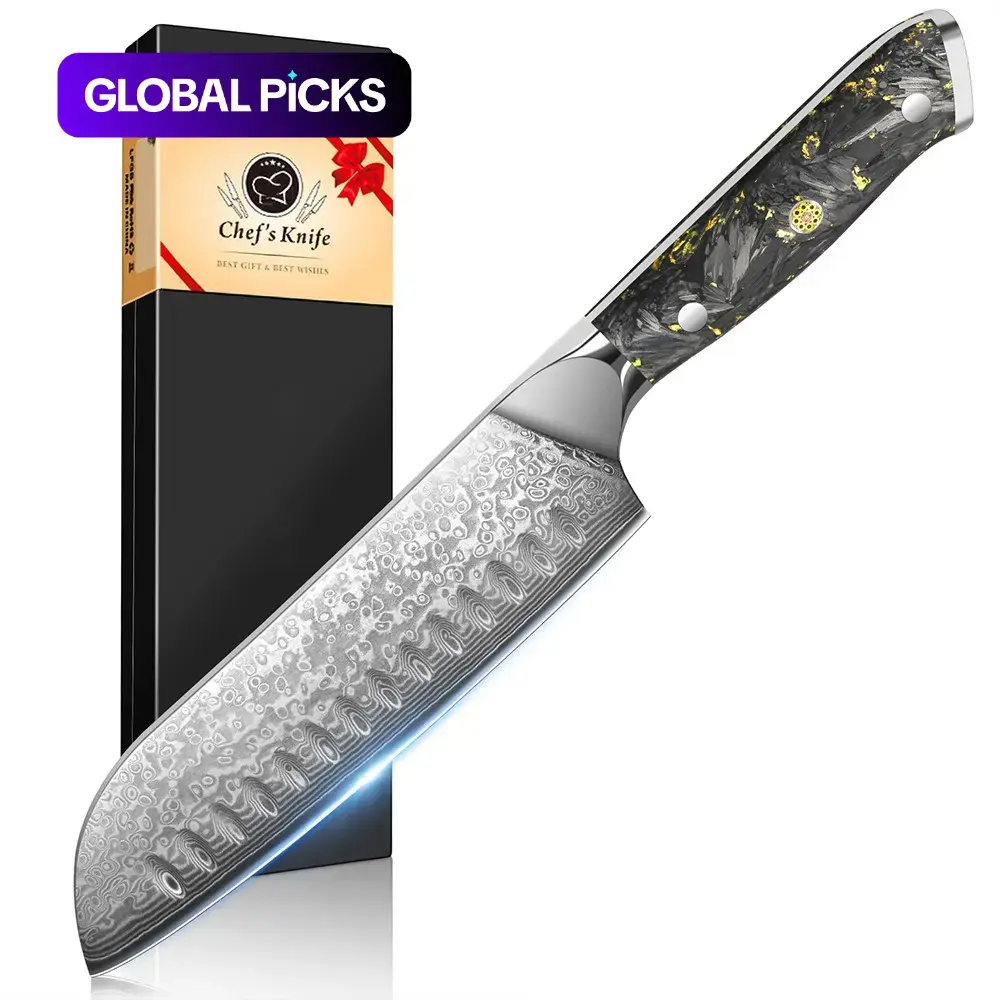 7-Inch Damascus Steel Professional Kitchen Knife, Japanese Santoku, Gold Carbon Fiber Handle, Sharp Slicing Meat Knife, Non-Stick Grooves, Japanese Knives #GLOBAL PICKS