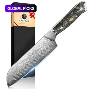 7-Inch Damascus Steel Professional Kitchen Knife, Japanese Santoku, Gold Carbon Fiber Handle, Sharp Slicing Meat Knife, Non-Stick Grooves