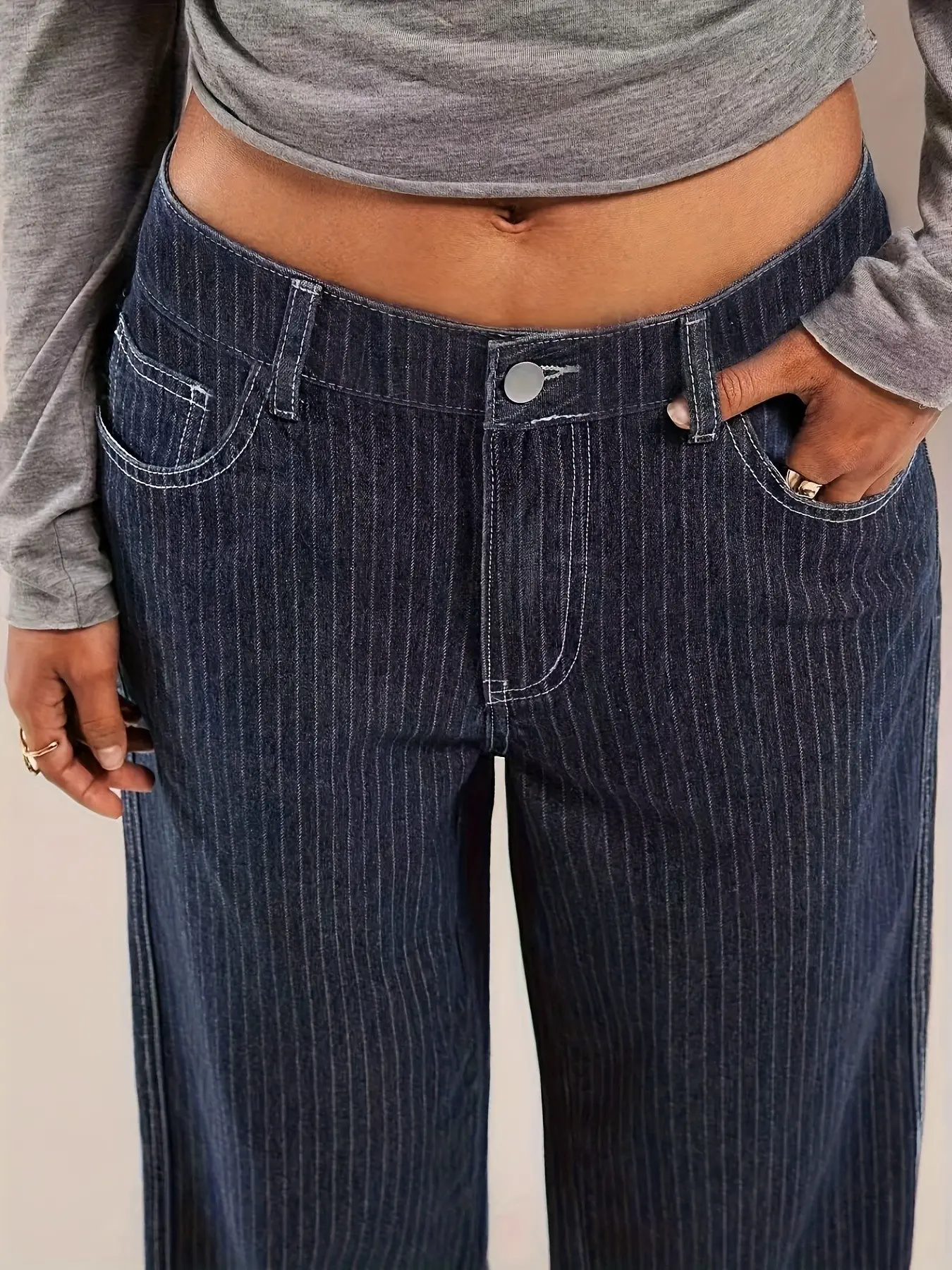 Women's Mid-Waist Striped Wide-Leg Jeans, Dark Wash Textured Loose-Fit Long Pants, Casual All-Season Button Fly Denim