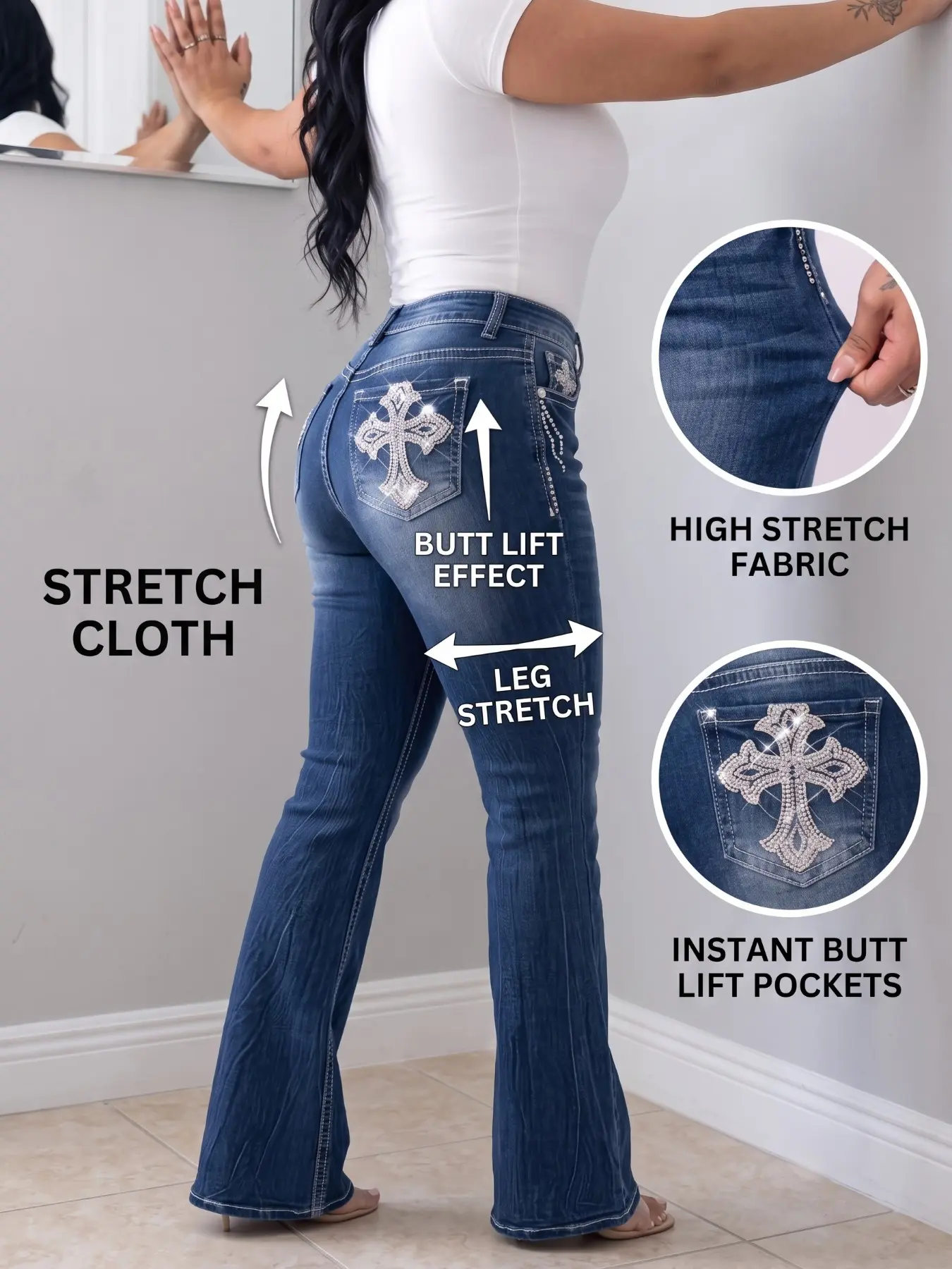 New Women's High Waist Y2K Retro Punk Jeans, Low Rise Micro Flare Bell Bottoms, Cross Embroidery Rhinestone Decor, Fashion for Dates, Parties, Music Festivals