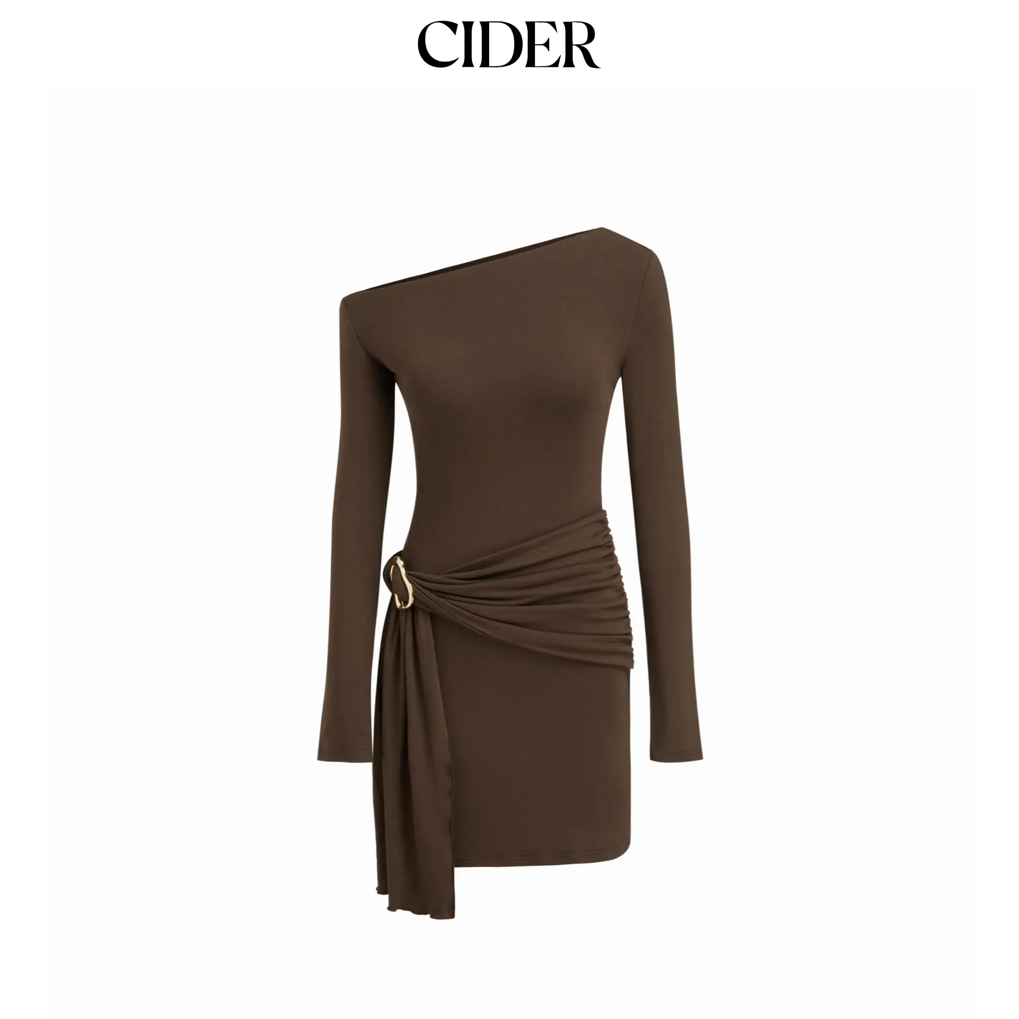 Cider Asymmetrical Neck Long Sleeve Metal Detail Draped Mini Dress SummerFinds