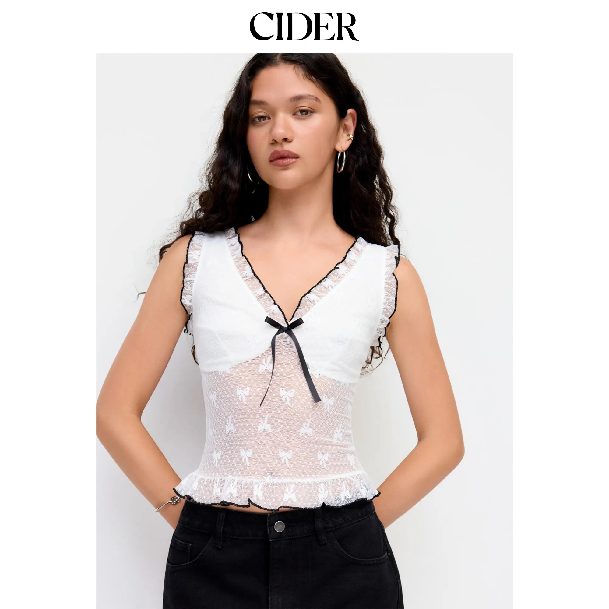 Cider Lace V-neck Bowknot Graphic Lettuce Trim Tank Top SummerWins SummerFinds