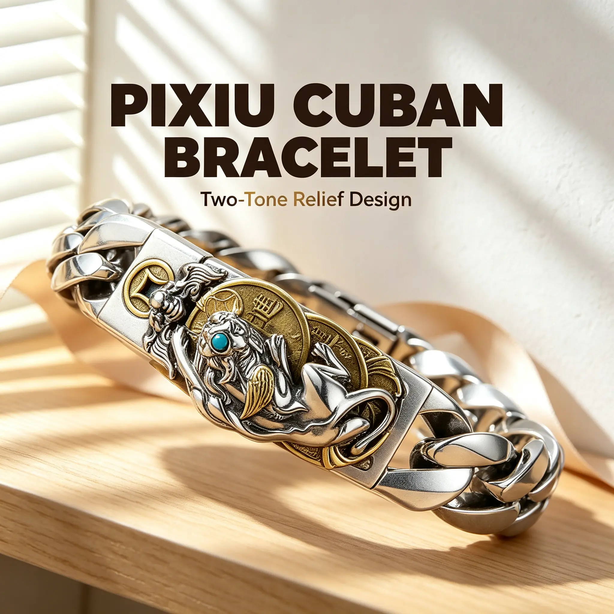 Dual Tone Chain Bracelet Vintage Mythical Creature Statement Link Hand Jewelry for Men and Women Streetwear Fashion Accessories