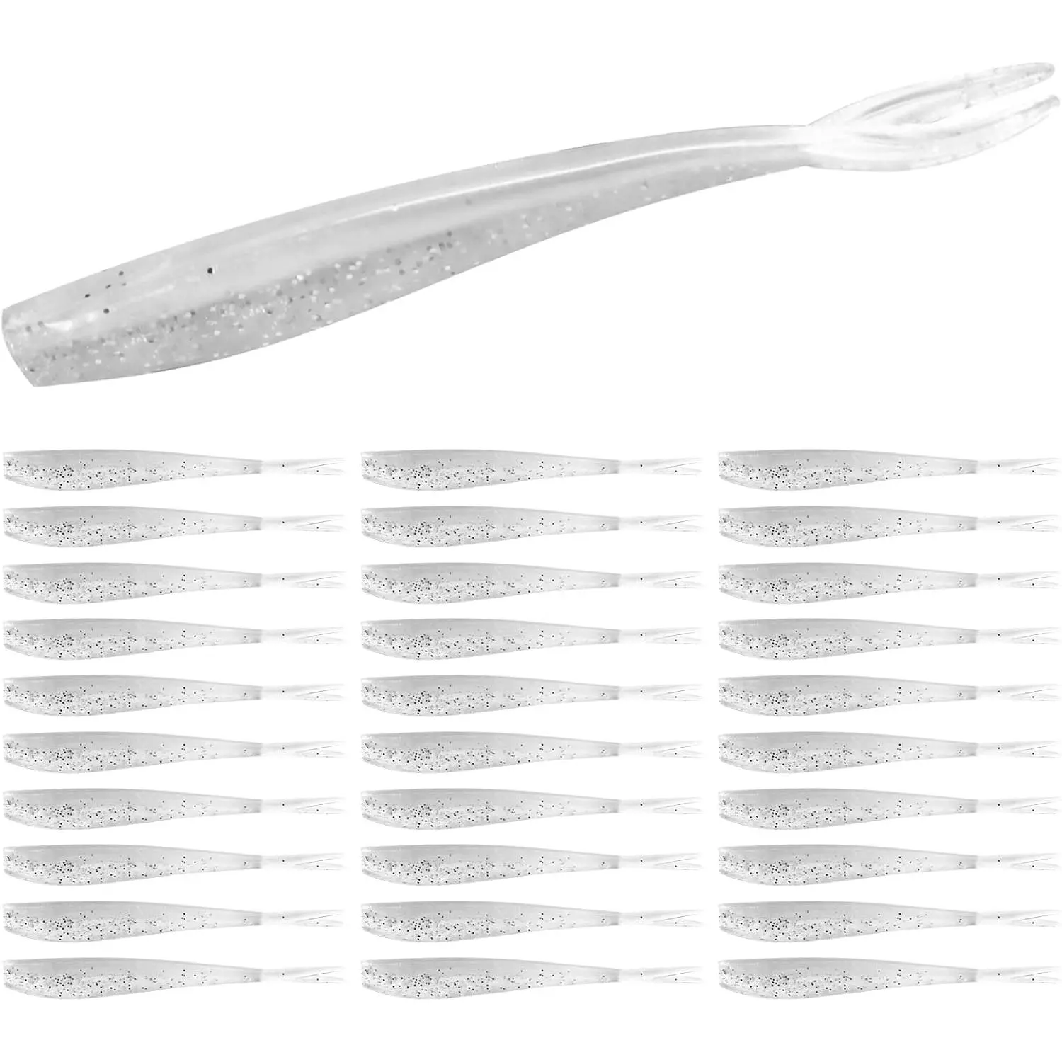 Soft Plastic Lures 4 Inch, 30 count Split Tail Swimbaits with Shrimp Scent for Bass, Catfish, Trout, Panfish in  & Saltwater
