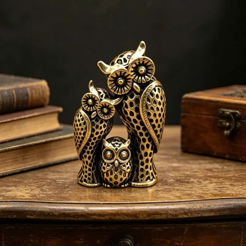 Vintage Brass Owl Family Statue, Three-Piece Cast Sculpture, Honeycomb Texture Relief, Ideal for Study Room, Office Decor, Unique Gift, Home Decor Statue