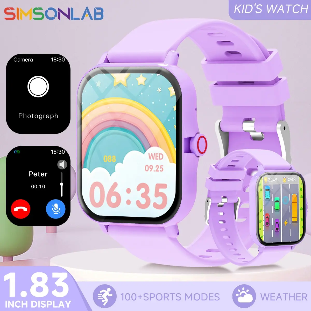 SIMSONLAB Kids Smartwatch - Wireless Calling, Call & SMS Alerts, Alarm Reminders, Multi-Sport Tracking, Wrist Raise to Wake, Finder Function, Remote Camera, Customizable Watch Faces, Music Control, Weather Updates, Calculator, Perfect Gift for Children