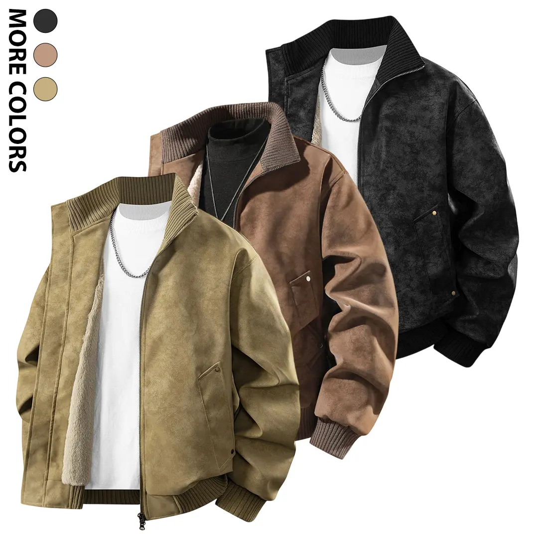 Men's Faux Suede Bomber Jacket Sherpa Fleece Lined Winter Warm Coat With Ribbed Collar Vintage Flight Aviator Motorcycle Cargo Workwear Outwear Tactical Heavyweight Full Zip Up Windbreaker Casual Loose Fit Classic Retro Streetwear cozy premium More-Colors