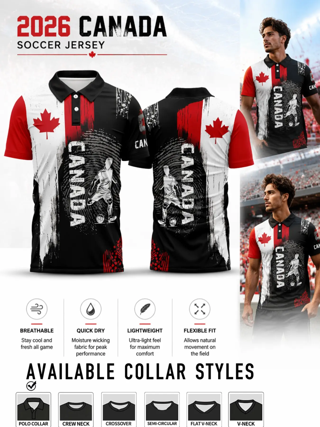 2026 Canadian Men's Sporty Short Sleeve T-Shirt, Maple Leaf Pattern, Player Silhouette, Canada Letter Print, All Seasons Jersey