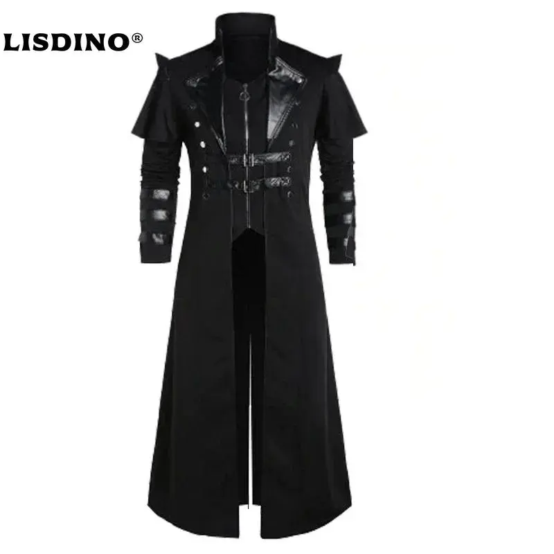 Vintage Halloween Medieval Steampunk Assassin Elves Pirate Costume Adult Men Black Long Split Jacket Gothic Armor Leather Coats