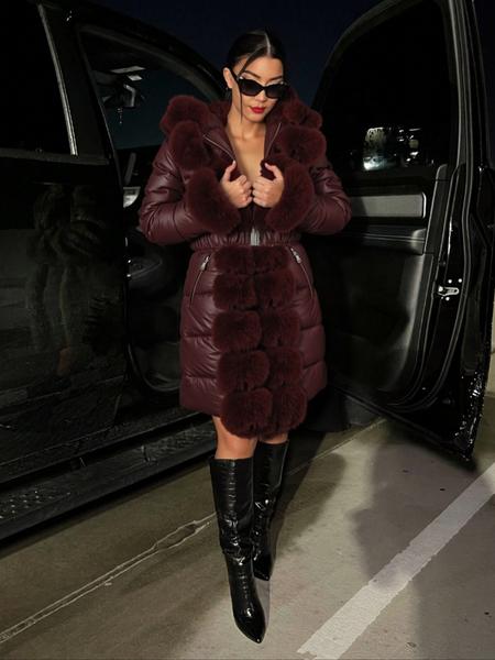 Women's Elegant puffer Coat with Fleece Trim & Belt, Mid-Length Fall Winter Hooded Jacket, Warm Daily Wear Outerwear