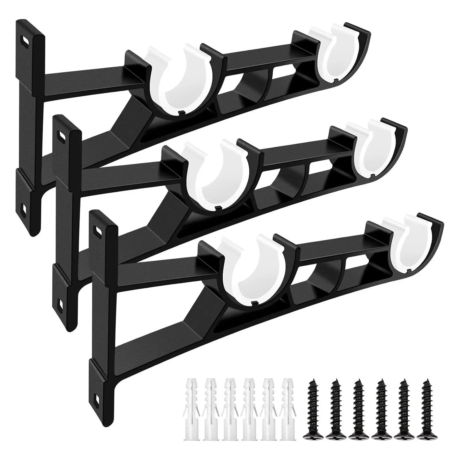 3 Pack Double Curtain Rod Brackets, Heavy Duty Drapery Holders for 1 Inch Rods, Wall Mount Curtain Hanger Hooks, BlackGift