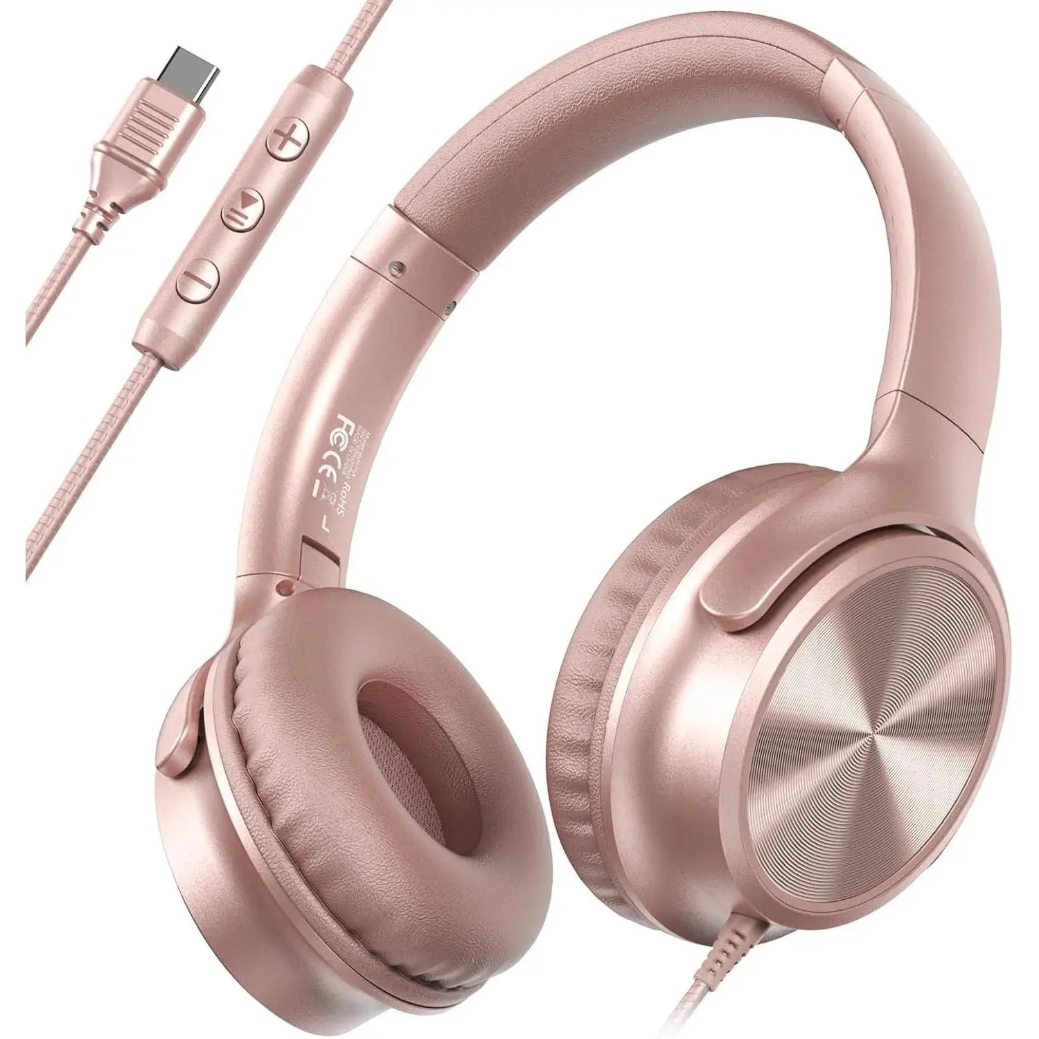 USB C Headphones Wired, Over Ear USB C Wired Headphones with Microphone, Volume Control,  Stereo Sound, Foldable USB Type C Headphone for Adult/Teens/Laptop// 15/16/17, Rose