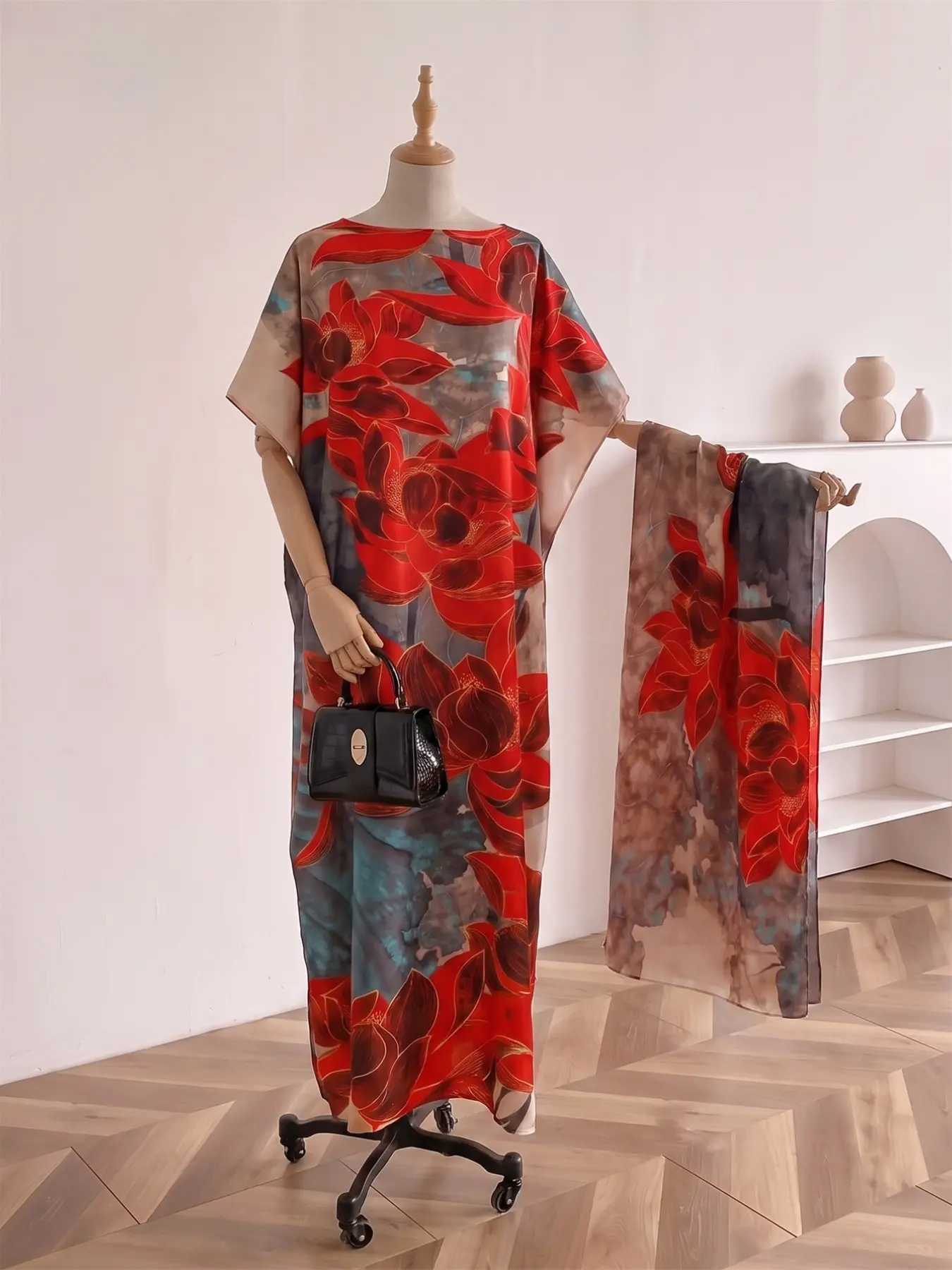 Women's Lotus Ink Print Abaya Set, Robe and Matching Hijab, Sun-Protection Luxury Modest Beachwear, Elegant Islamic Fashion