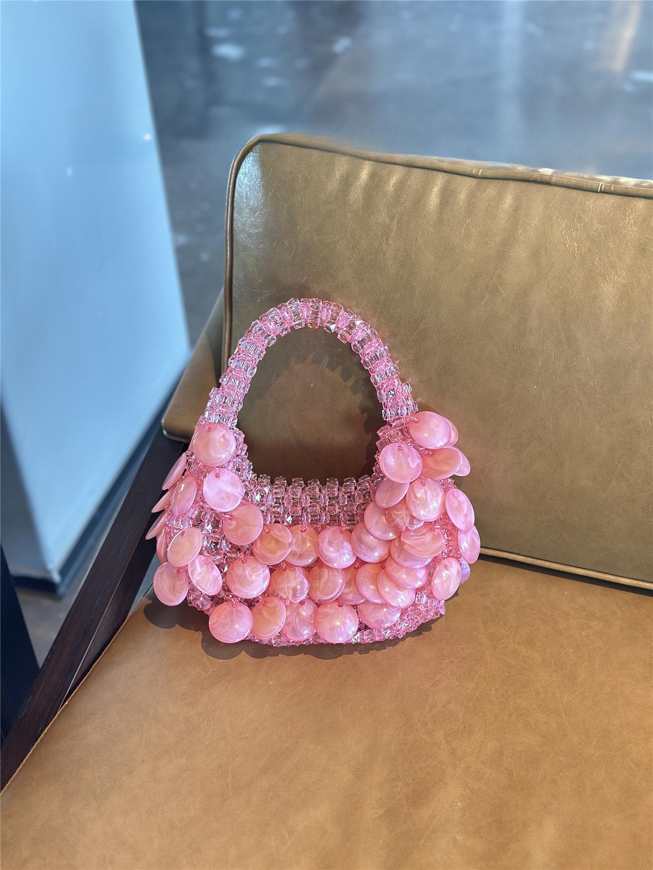 Vintage Barbie Pink Handmade Beaded Pearl Natural Large Shell Bucket Bag Crescent Bag Handbag for Women 2026