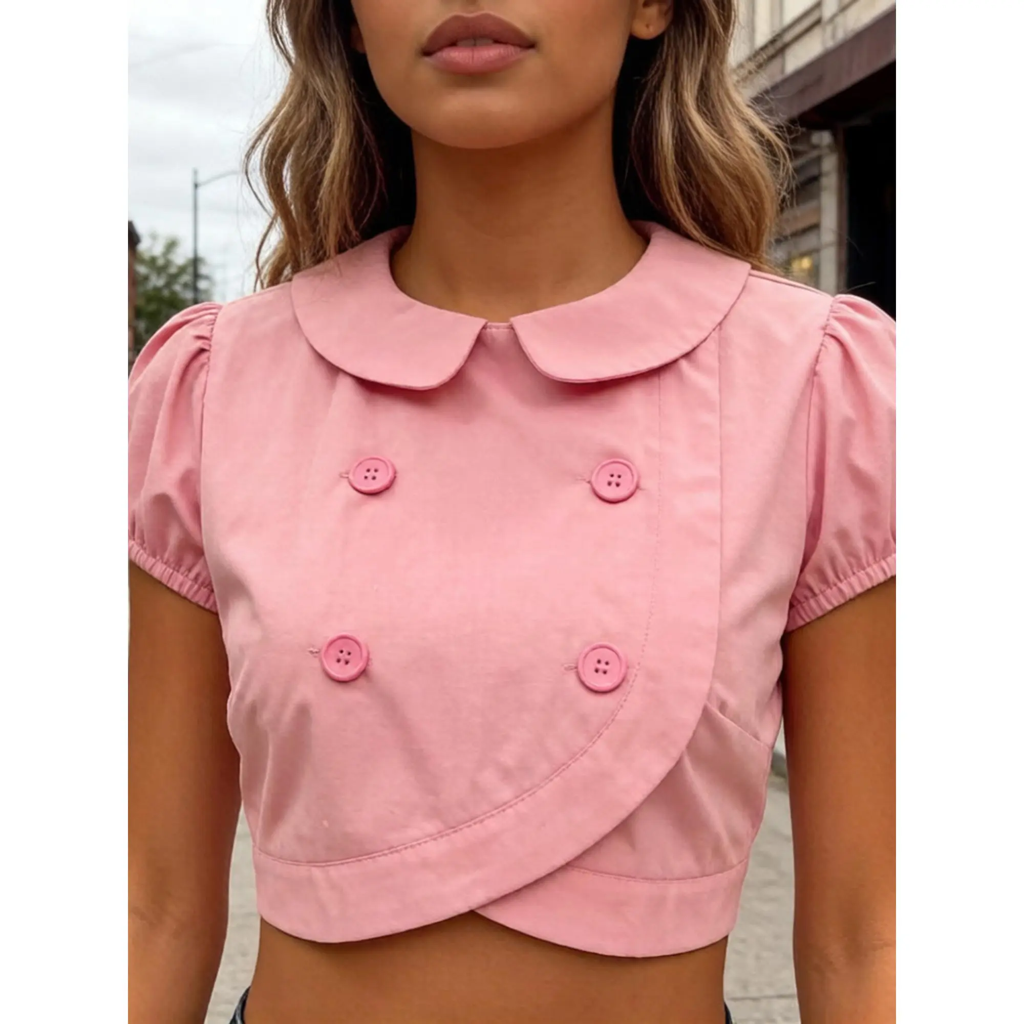 Women's Fitted Double Breasted Crop Top with Doll Collar, Solid Color Cap Sleeve Blouse for Casual Office Party, Lady, Shortsleeve, Polyester