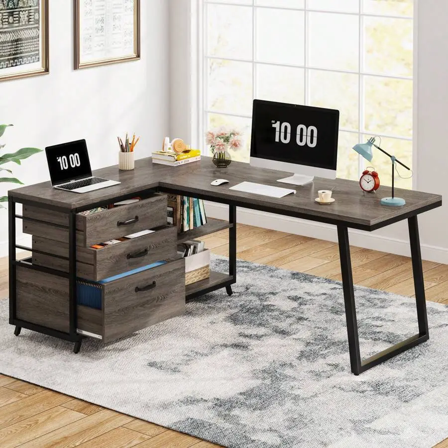 Reversible L-Shaped Desk With 3 Drawers, 53-Inch Home Office Desk, Industrial Corner Computer Desk With Shelves Small Space