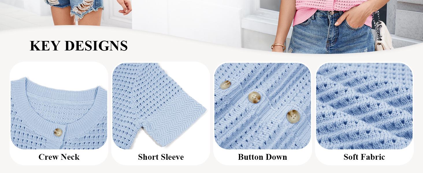 Saodimallsu Womens Crochet Short Sleeve Cardigans Button Up Crew Neck Summer Beach Knit Sweater Tops SpringStatements