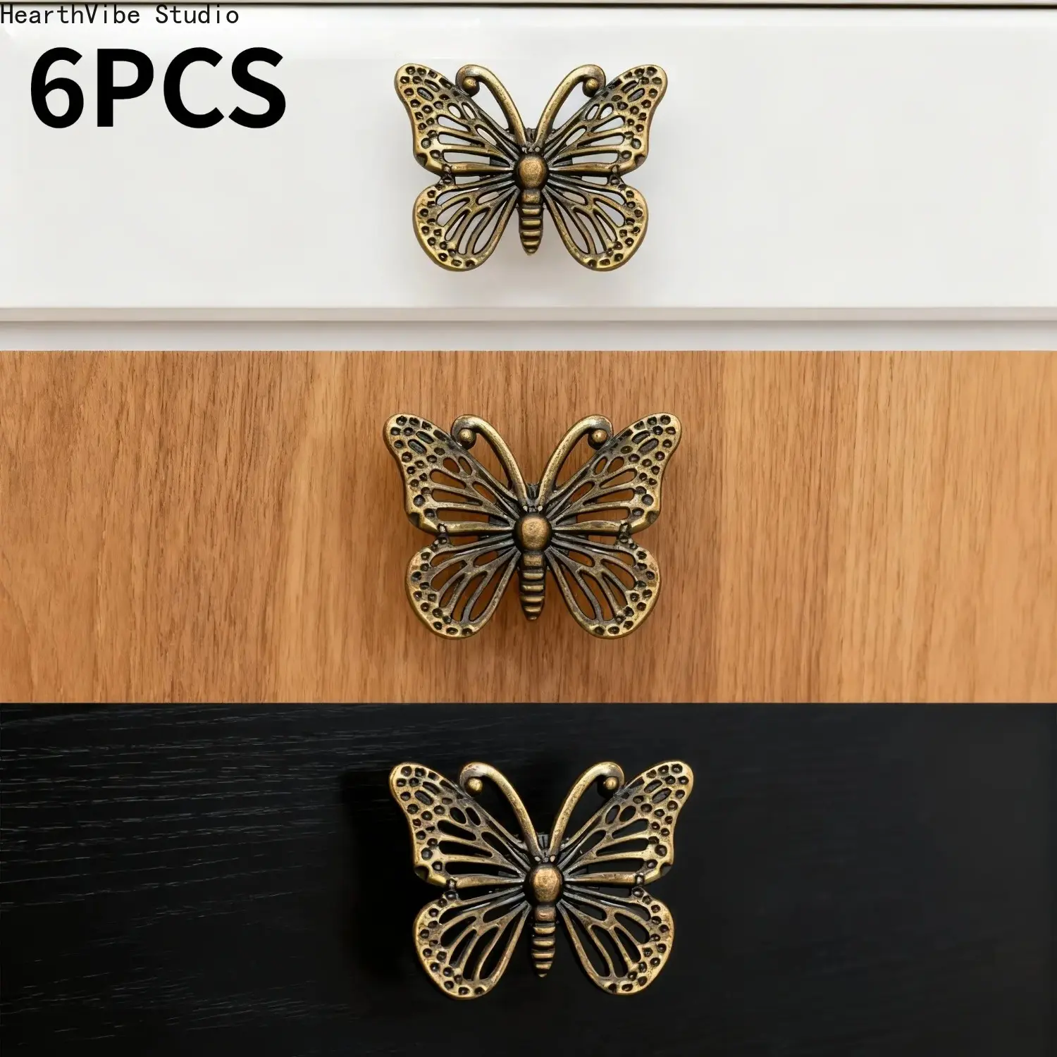 6-Pcs Vintage Butterfly Handle Hardware Set, Antique Metal Hollowed Carving Pull Knobs for Hammocks, Jewelry Boxes, Dressers, DIY Home Decor Upgrade (no), Dresser Drawer