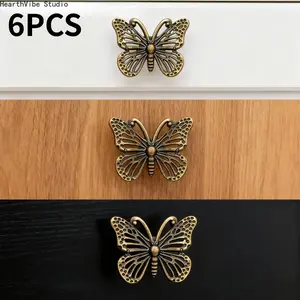 Vintage Butterfly Handle Hardware 6-Pcs Set, Antique Metal Hollowed Carving Pull Knobs for Jewelry Box, Dresser Drawer, Hammock Accessory DIY Home Decor Upgrade, No