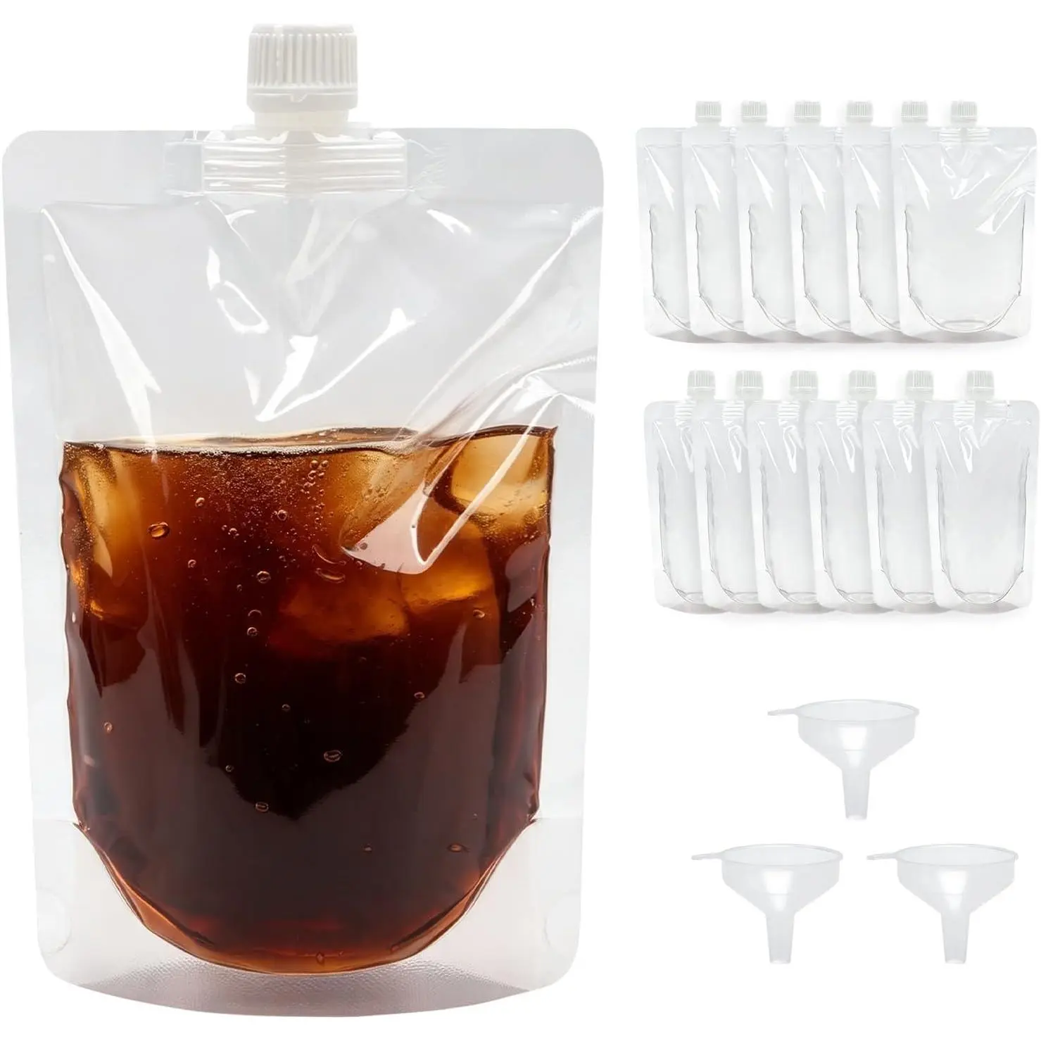 Concealed Plastic Hip Flasks & Drink Pouches Set (12-Count: 6x8oz + 6x16oz) with 3 Funnels, Default Modern Design for Travel