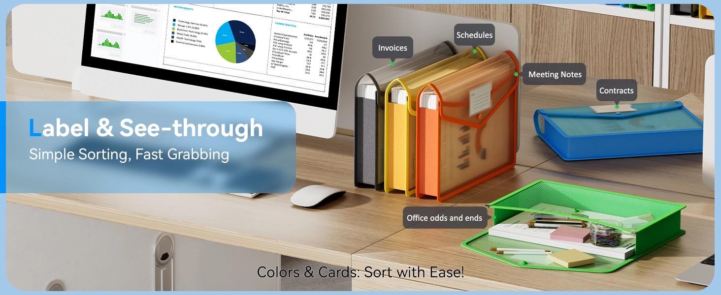 Plastic Expanding File Folder, Transparent envelopes with Snap Closure, No Dividers, Large Capacity, Assorted Colors, Fit Letter/A4 Size - 5 Packs