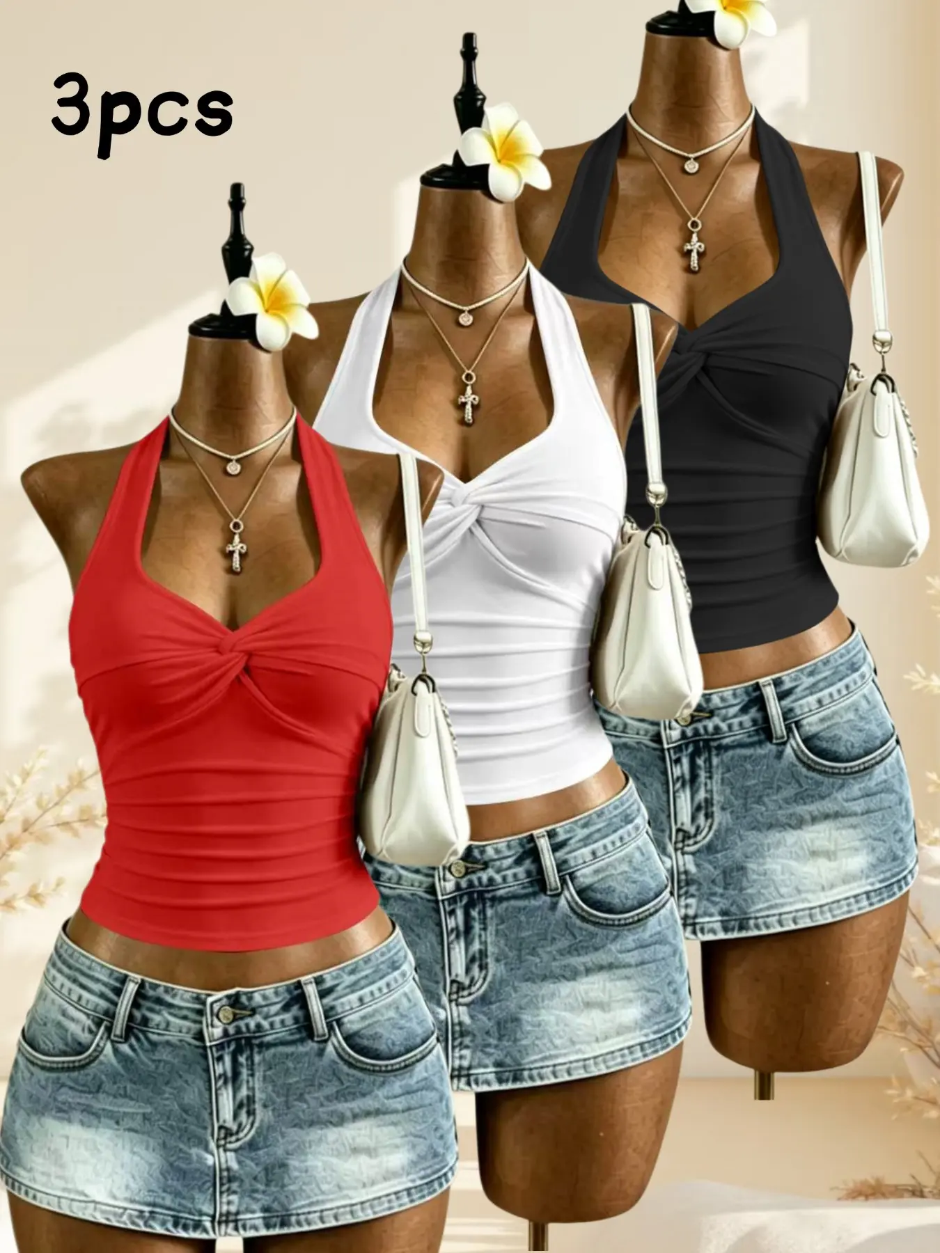 American Style Three-Color Sleeveless Halter Top Set, Slim-Fitting Straps with Knot Design, Short-Length Shaping Inner Vest, 3-Piece Pack