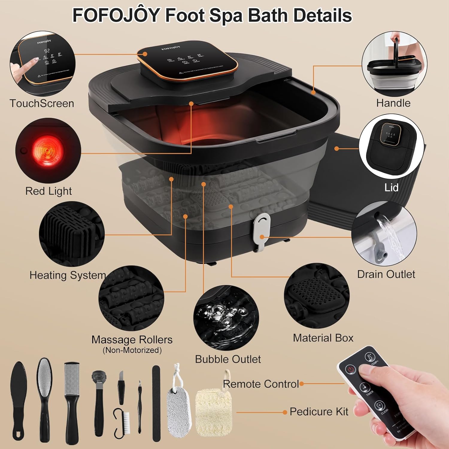 Collapsible Foot Bath with Heat and Massage Roller, Bubble, Temperature Control, Remote Control, Foot Pedicure Kit, Pedicure Foot Collapsible Foot Bath with Heat and Massage Roller, Bubble, Temperature Control, Remote Control, Foot Pedicure Kit, Pedicure Foot