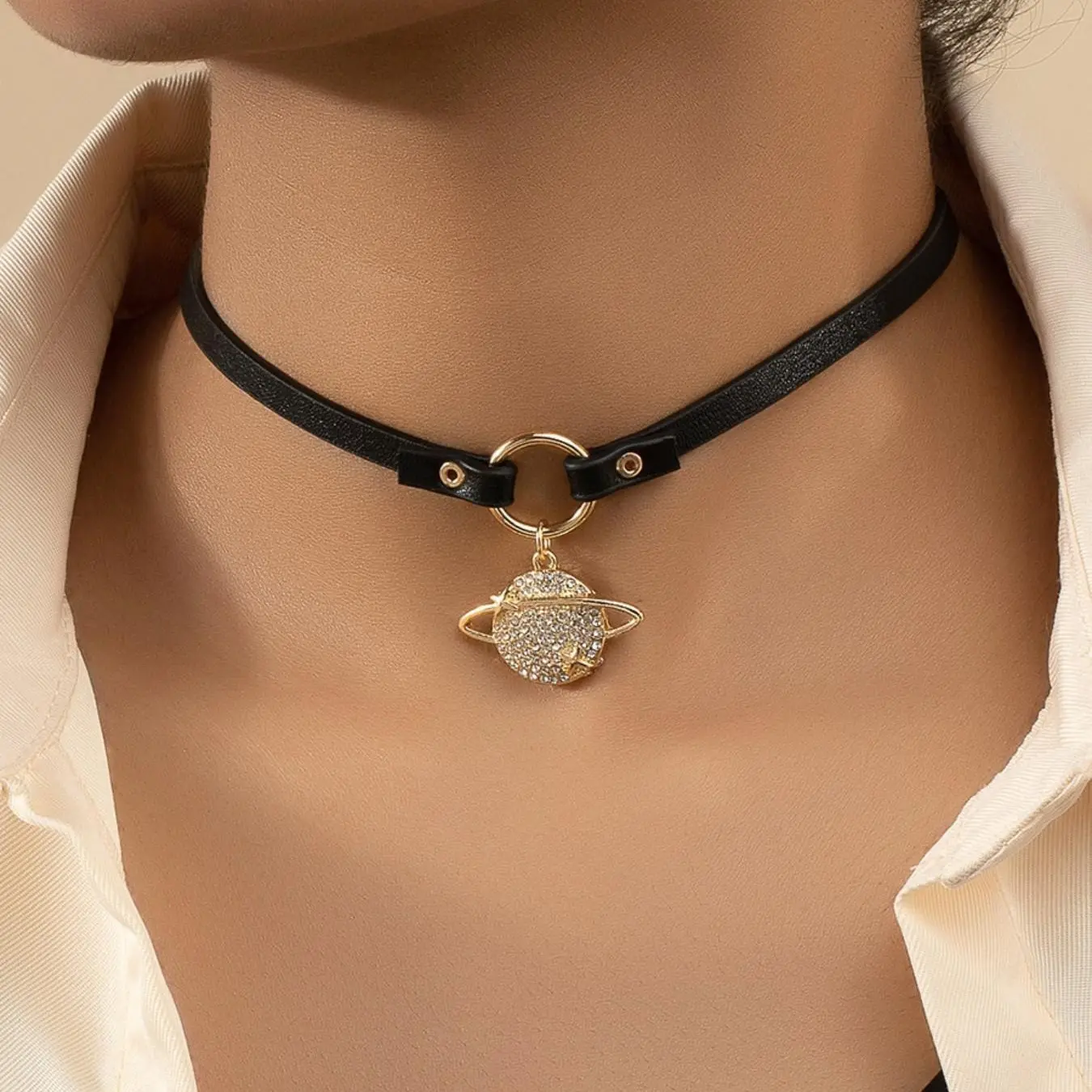 Trendy Punk Style Alternative Accessories, Rhinestone Cosmic Lock Necklace, Unique Binding Collar Chain, Fashionable Neckwear