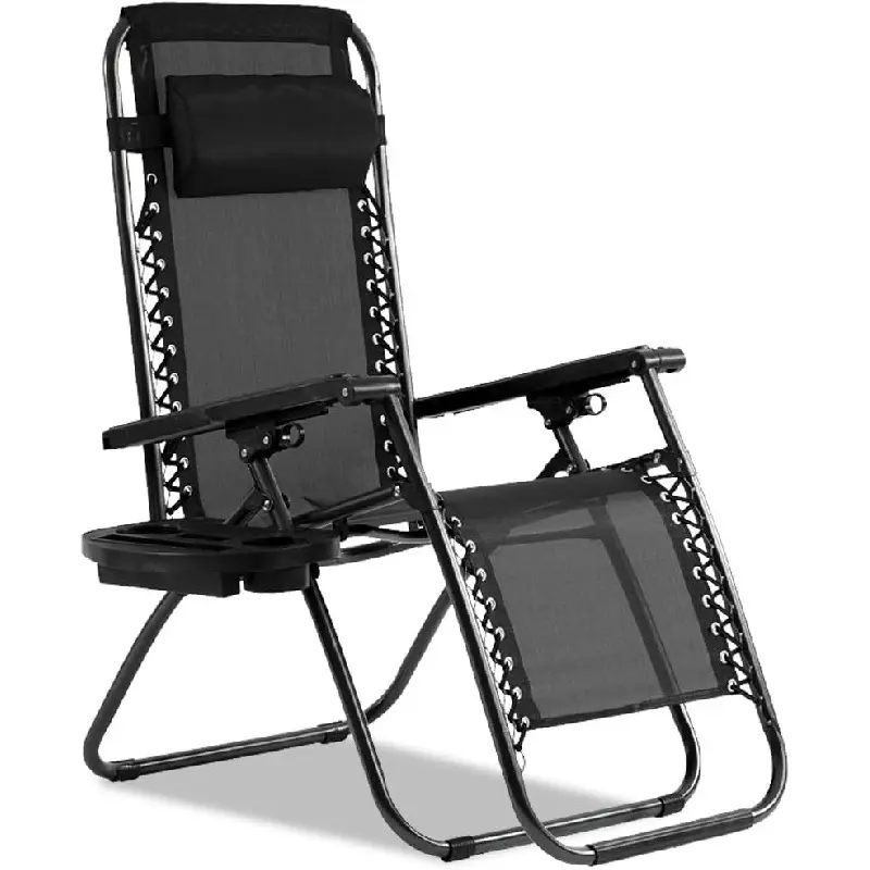 Heavy Duty Zero Gravity Lounge Chair - 350lbs Patio Recliner Pillow & Cup Holder, Adjustable Folding Outdoor Chaise for Pool, Beach, Deck (Black)
