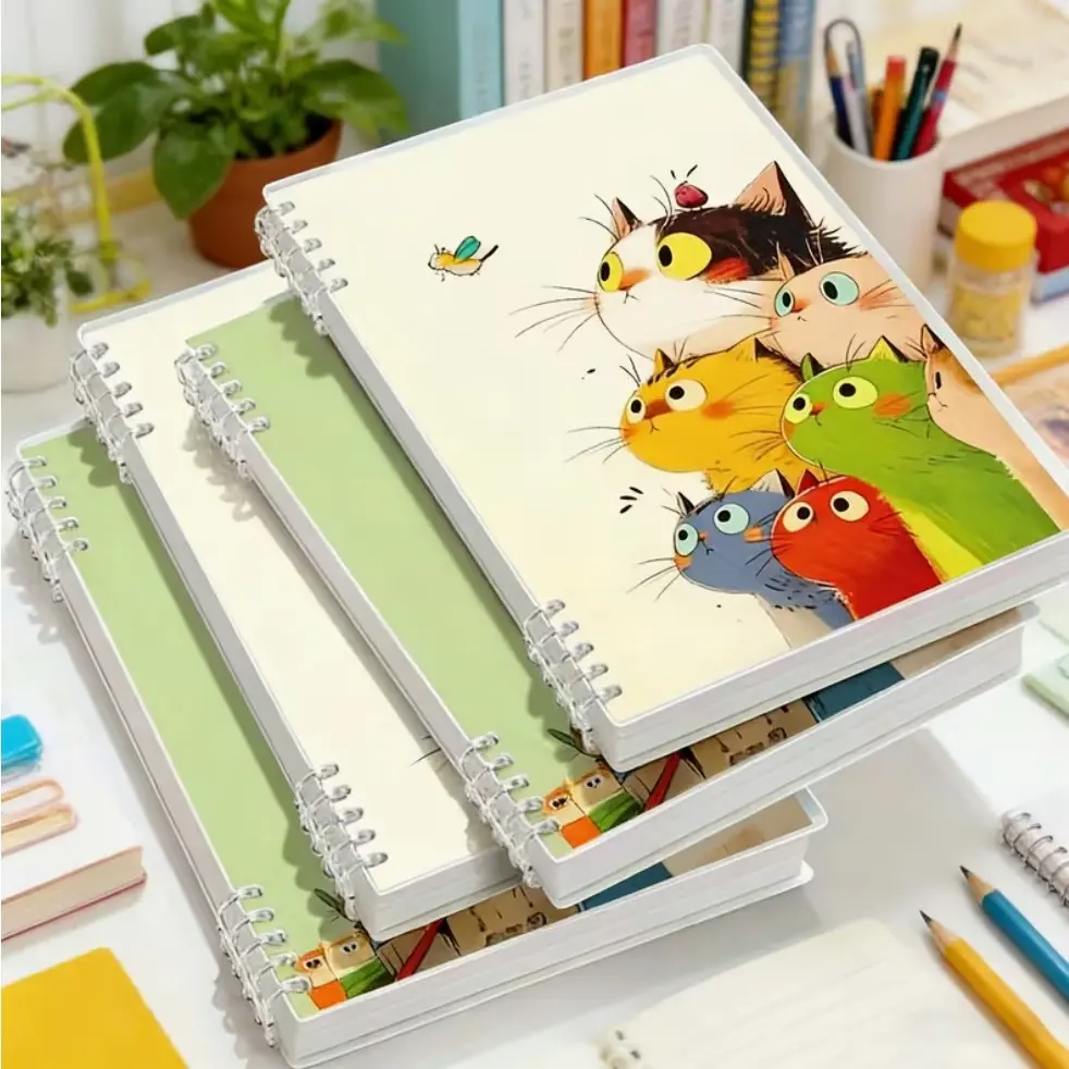 [Back-to-school gift] Notebook & Pens Set, Cute Cartoon Cat Design, Detachable Learning Spiral Binding, Suitable for School, Office Or Diary, Cute Notebook, school supplies