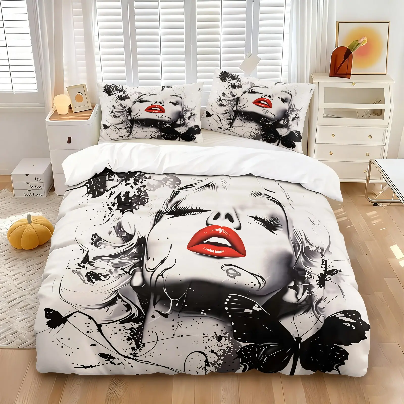 Black White Splash Ink Hand Drawn Red Lips Female Portrait Black Butterfly Art Print Duvet Cover Set, Include 1 Quilt Cover and 1/2 Pillowcaseas, Bold Red Lips Splash Ink Elements Comforter Cover, Stylish Personality, Soft and Comfortable