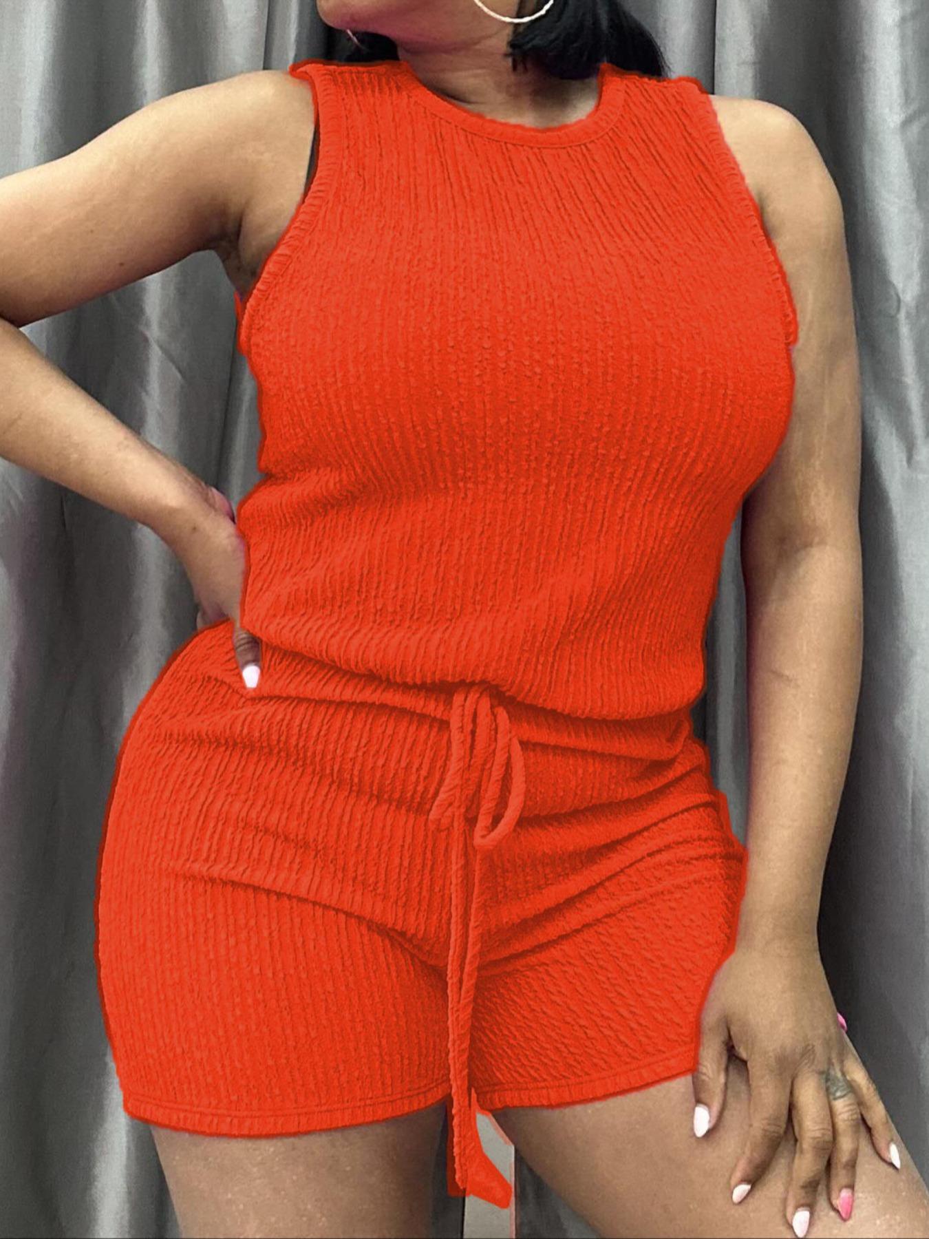 Women's Simple Fashion Solid Color Sporty Casual Tank Top and Shorts Set, Fitted Plain Style Crop Length Non-Outer Vest