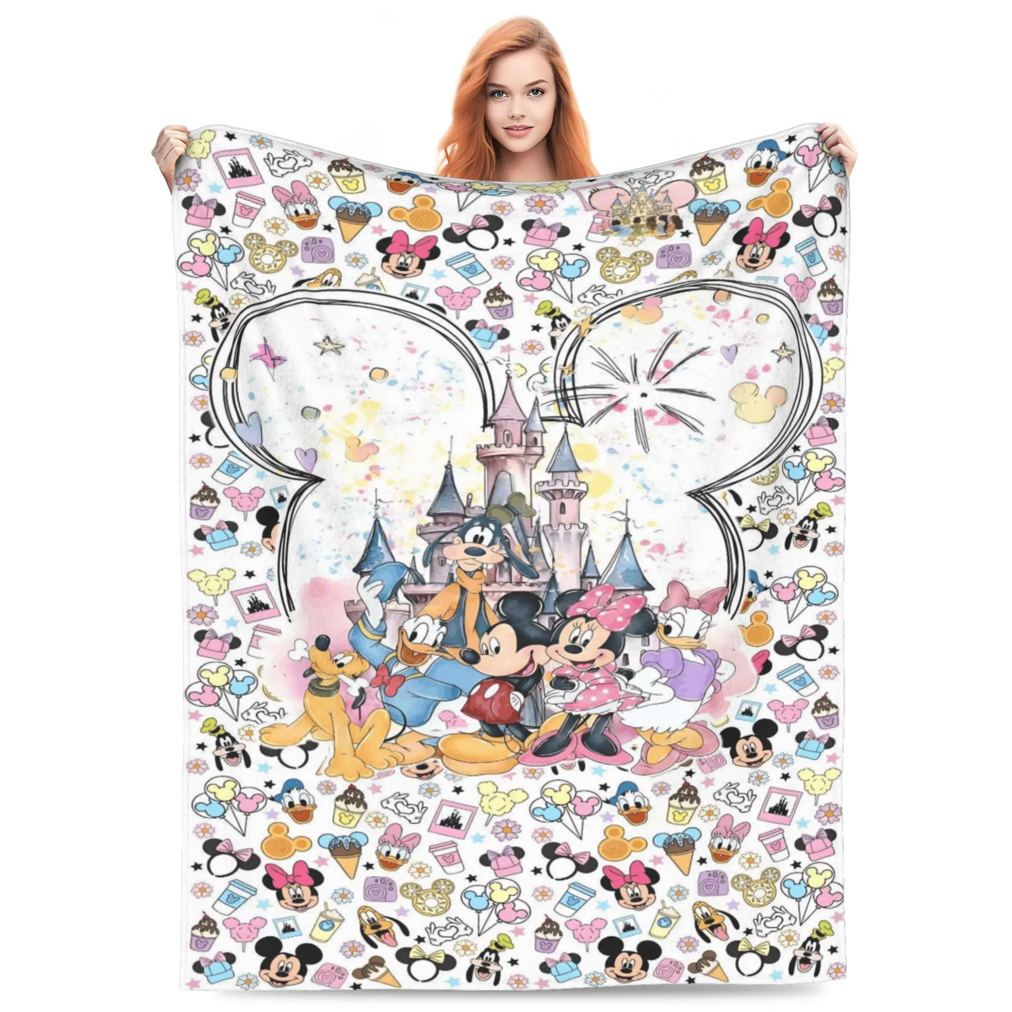 DISNEY CLASSIC Mickey Friends Castle Watercolor Throw Blanket, Mickey Minnie Donald Goofy Pluto Daisy Cinderella Castle Ear Frame Surrounded By Cute Stickers Pastel Splash White Base Flannel Fleece Blanket, lovely gift for Disney park fans.