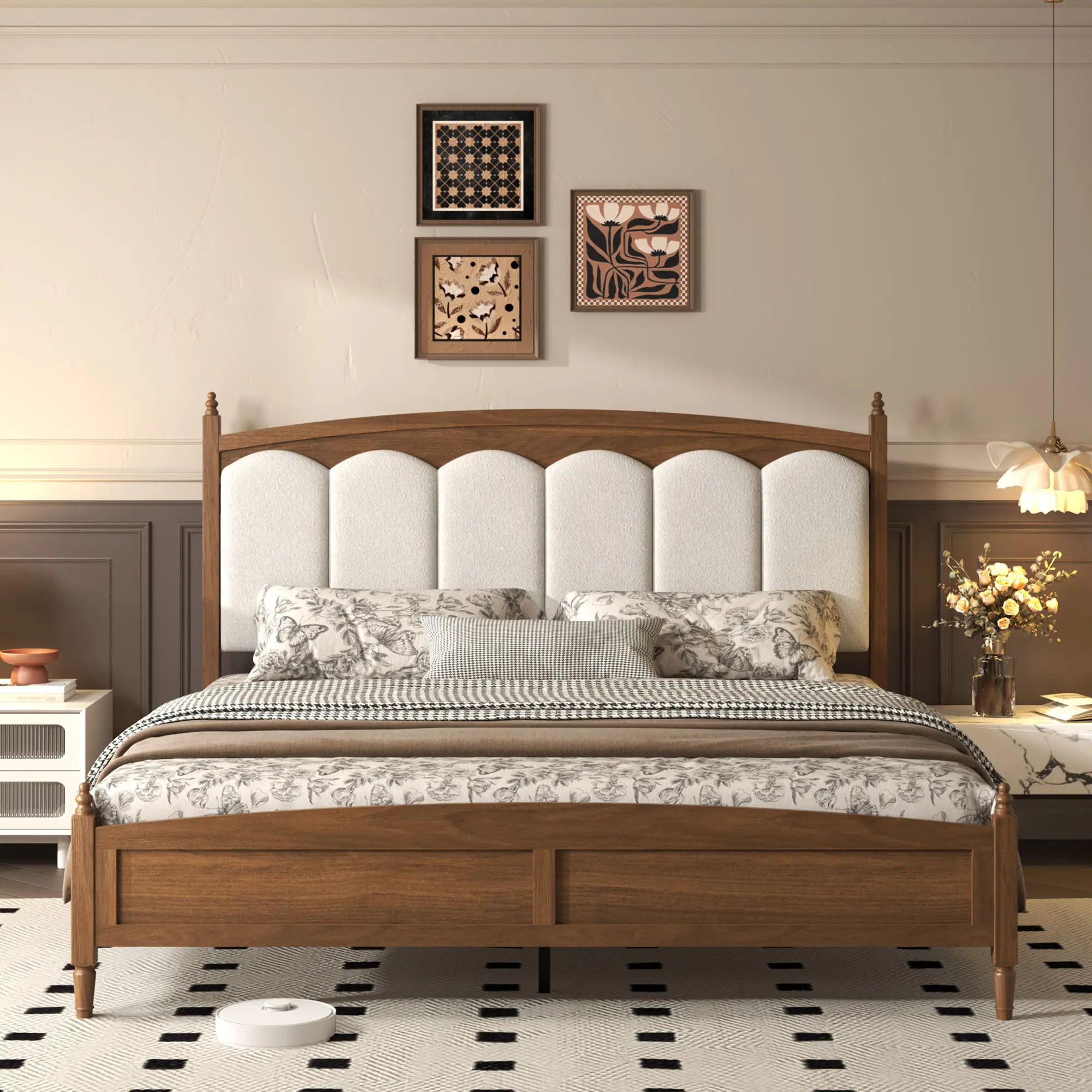ARCH Upholstered Headboard California Split King Platform Bed Frame - Mid-Century Farmhouse Style, Brown Polyester, Metal Frame, No Box Spring Needed, Easy Assembly, for Bedroom