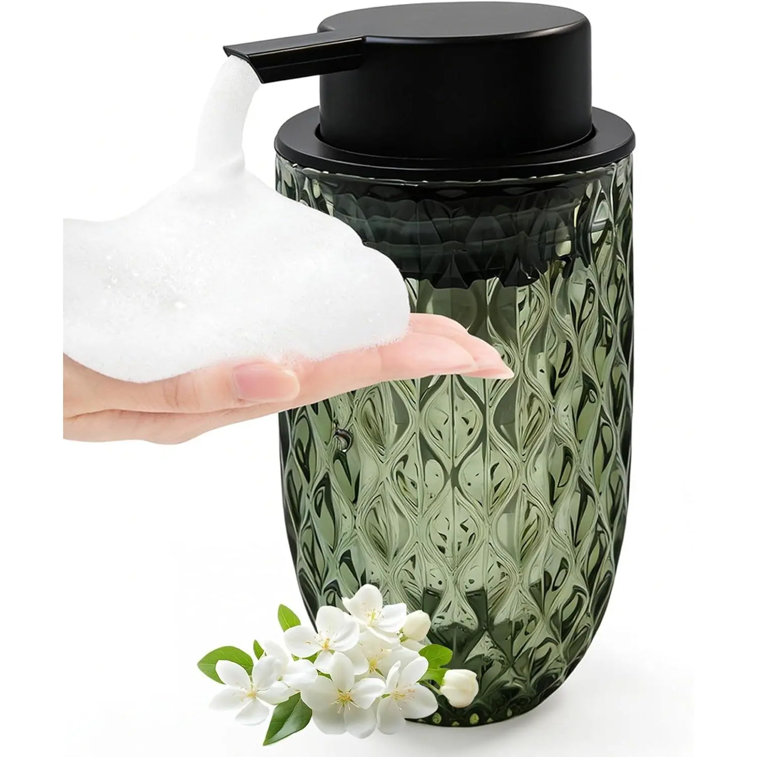 Foaming Hand Soap Dispenser Glass 10oz Refillable Lotion Dispenser with Removable Pump for Kitchen Bathroom Modern Home Decor(Green)