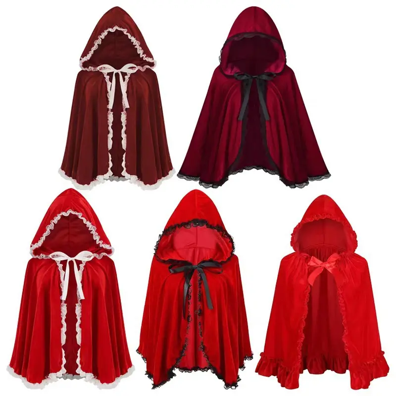 Women's Red Lace-Trimmed Cropped Hooded Cape, Women's Clothes for Halloween Parties or Cosplay, Available in Adult and Child Styles
