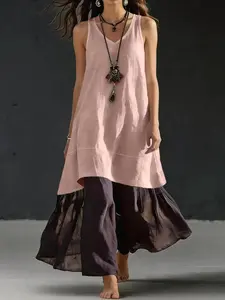 Summer Boho Dress for Women, Sleeveless V Neck Retro Patchwork Long Dress, Loose Fit Summer Patchwork Tank Dress, Casual Vacation