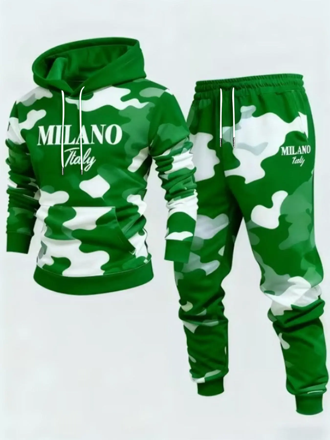Men's Plus Size Camouflage Milan English Set Hoodie Sweatpants, High Stretch Breathable Daily Commute Outdoor Versatile Two-Piece Set