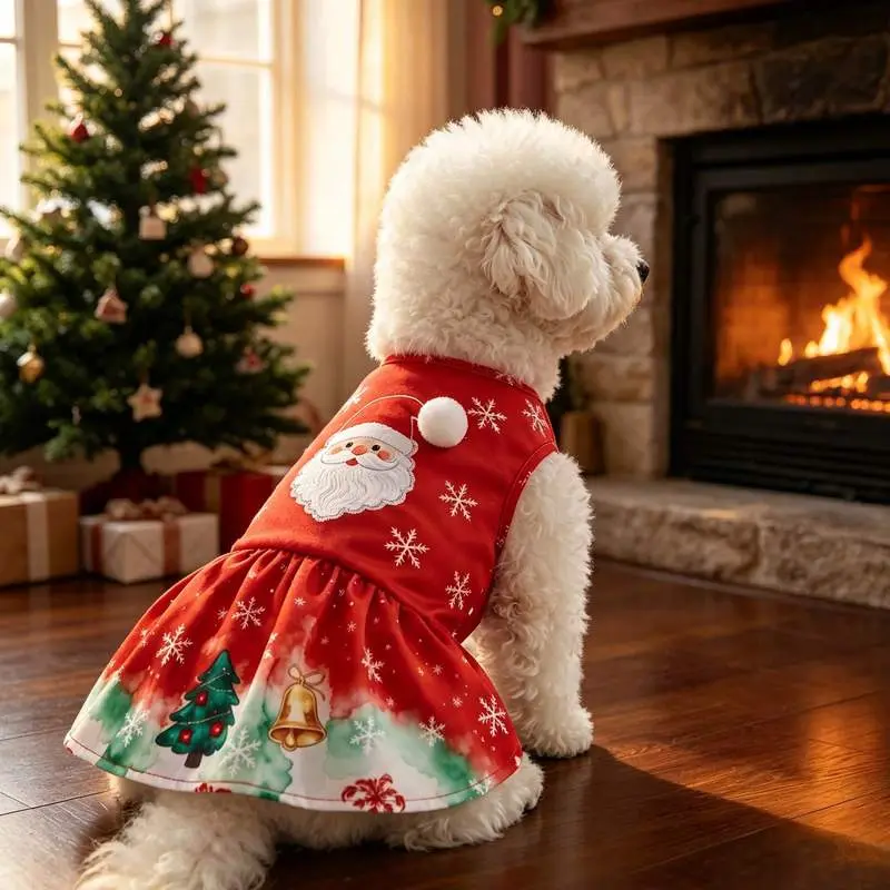 Christmas Dog Dress Pet Clothes, Cute Santa Claus and Christmas Tree Print Puppy Princess Skirt with Snowflakes and Bell Graphic Ruffled Tutu Cat Apparel Outfit, Winter Warm Xmas Holiday New Year Party Costume For Small Medium Large Dogs