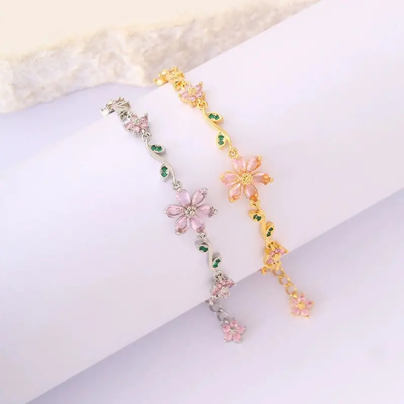 Unisex Artificial Gem Bangle - Exquisite Cherry Blossom Pink Flowers Design, Light Luxury Fresh Look Artificial Gemstone Bracelet B20091-SL
