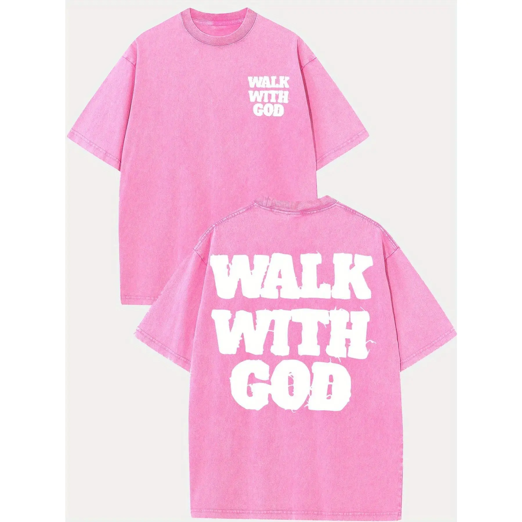 230g Heavyweight Washed Men's Graphic T-Shirt, Walk with God Inspirational Design, Double-Sided Distressed Print, Oversized Drop Shoulder Relaxed Fit, Round Neck Short Sleeve Light Green Lettering Tee, Summer Casual Streetwear