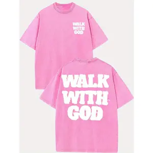 230g Heavyweight Washed Men's Graphic T-Shirt, Walk with God Inspirational Design, Double-Sided Distressed Print, Oversized Drop Shoulder Relaxed Fit, Round Neck Short Sleeve Light Green Lettering Tee, Summer Casual Streetwear