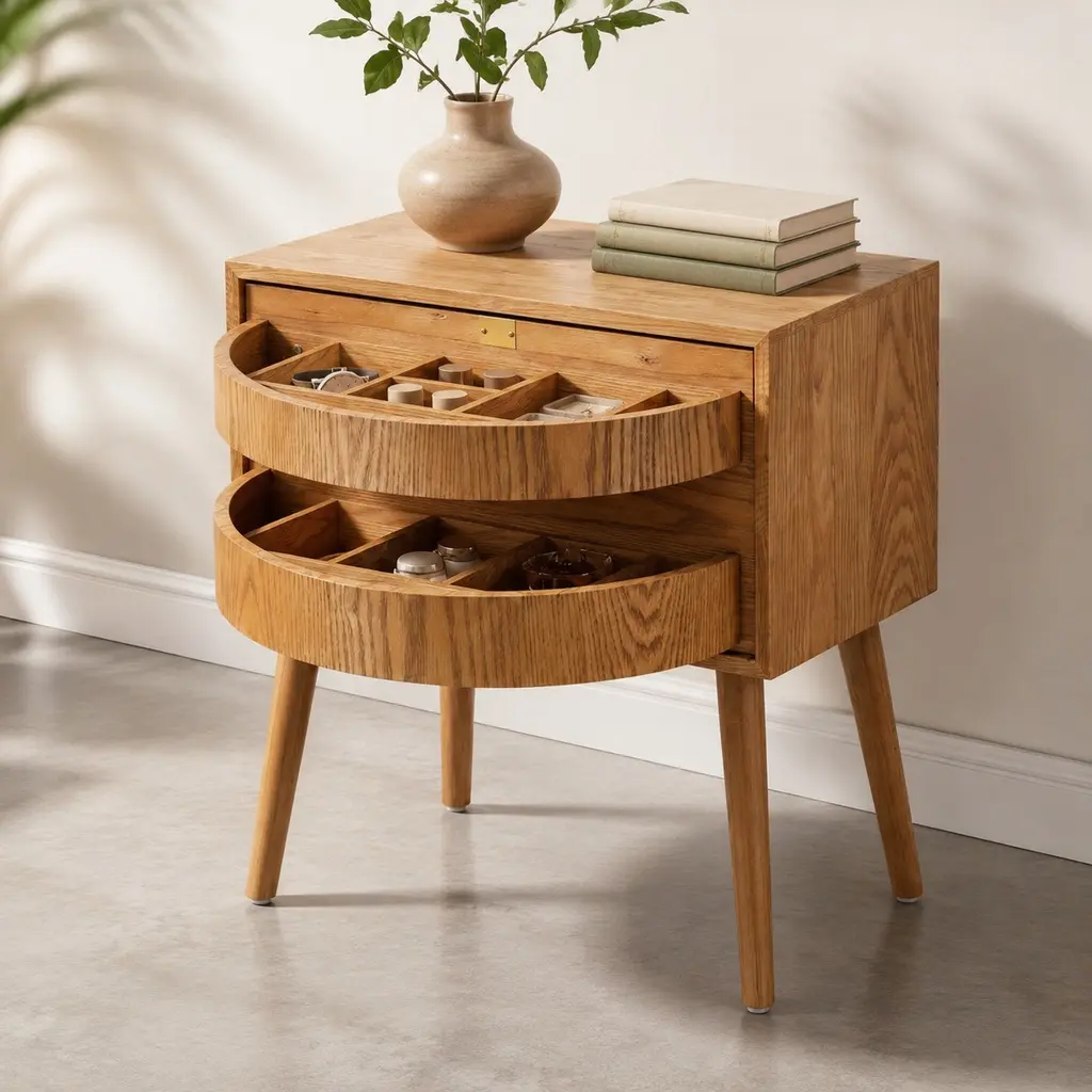 Mid-Century Modern Rotating Bedside Table with Drawer, Hidden Compartment, Rattan Surface, Tall Legs, Wood Grain, Natural, Assembled Nightstand for Bedroom Living Room