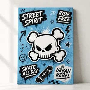 Street Spirit Blue Graffiti Canvas Poster, Skull Crossbones Skateboard Wall Art, Edgy Urban Print for Teen Bedroom, Skate Room, Gaming Room, Modern Aesthetic Home Decor Gift,wall decor,poster.