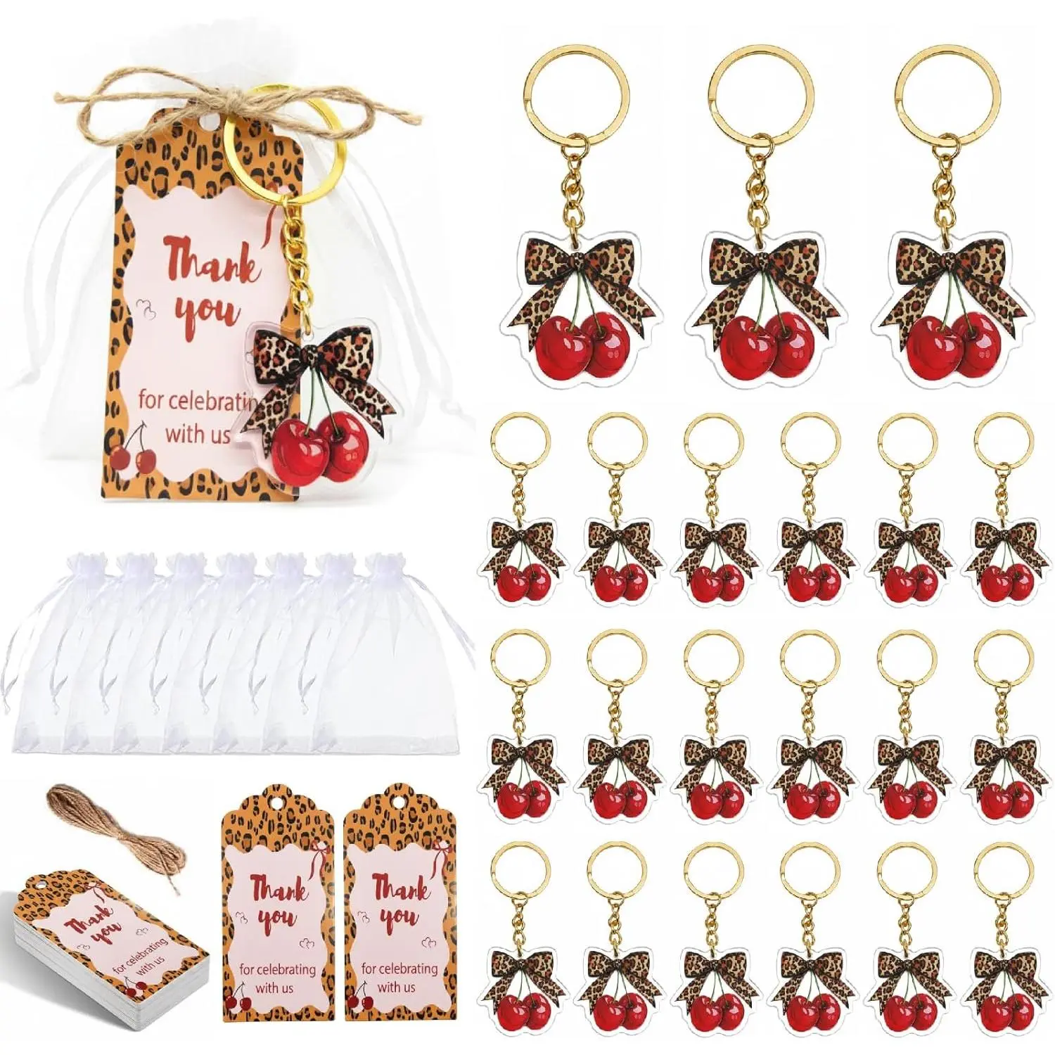 20 Set Cheetah Cherry Keychian Party Favors Cheetah Cherry Themed Gift Bulk Leopard Print Keychians With Thank You Cards & Organza Bags for Baby Shower Birthday Guest Gift, Party Decorations