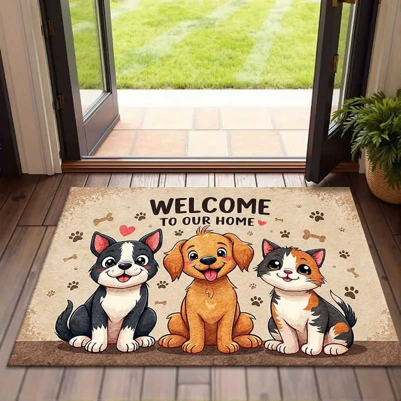 Non-slip, machine-washable welcome doormat with backing—featuring a cute cartoon dog and cat design with paw prints and hearts; a durable flannel indoor/outdoor entrance mat suitable for all seasons and Christmas home decor; easy to clean.
