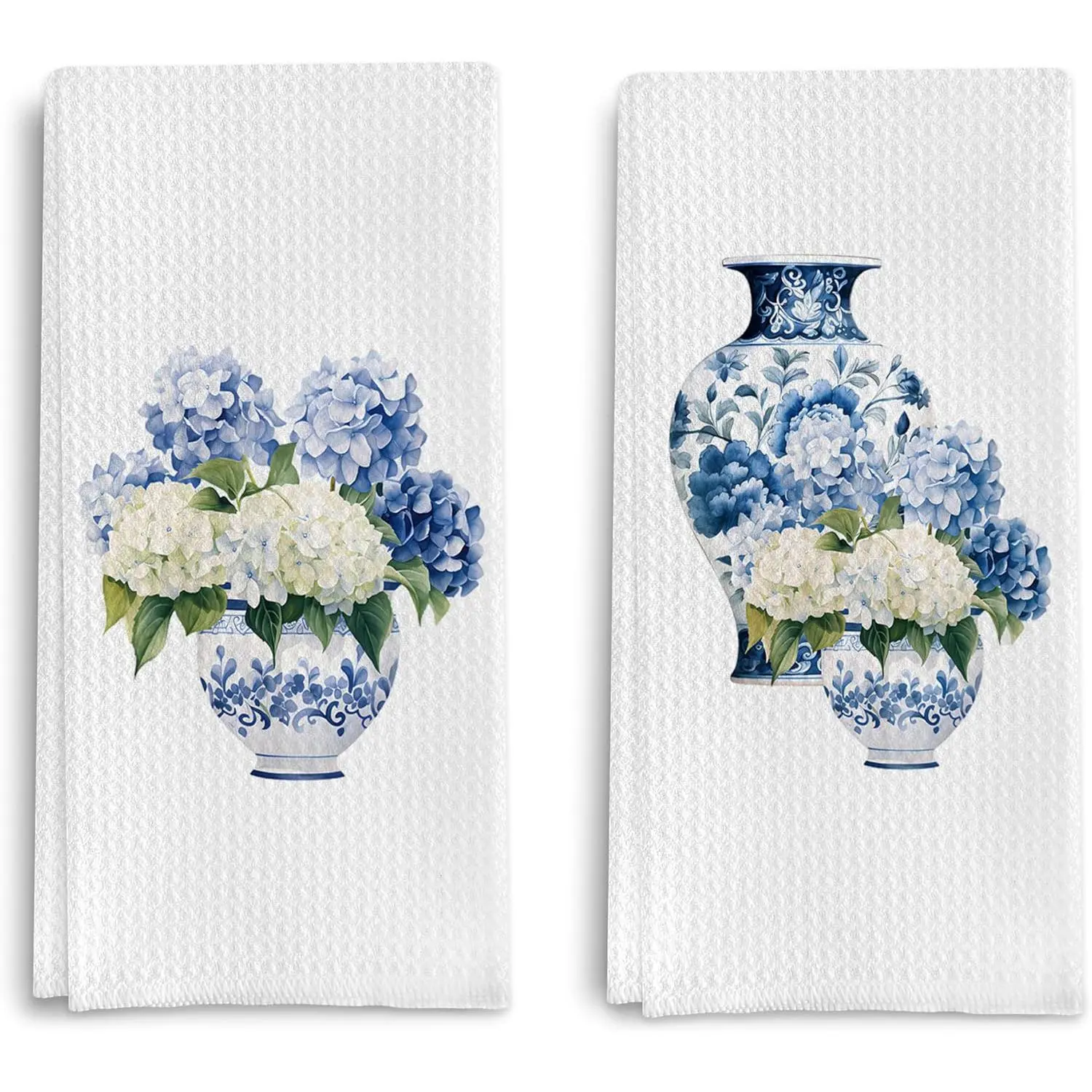 Blue and White Porcelain Chinoiserie Kitchen Towels Set of 2, Hydrangea Floral Dish Towels Tea Towels for Kitchen, Chinoiserie Decor Hand Towels for Bathroom, Grand Millenial Decor 16x24 Inch