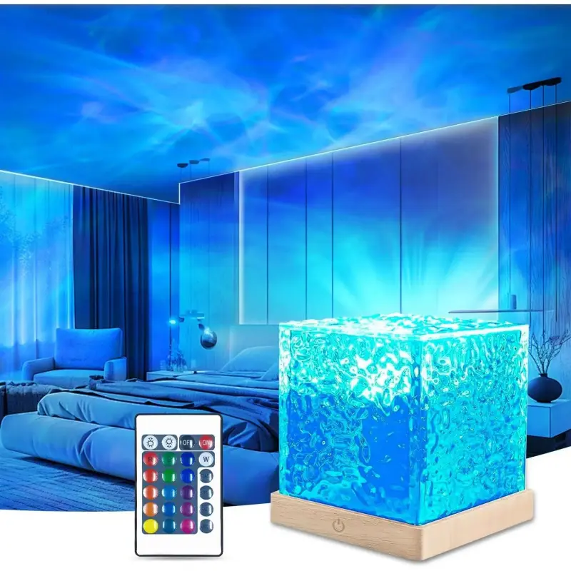 Luminorthe Cube Lamp Northern Lights Projector 16 Colors Gradual Rotating Flame Water Lights for Bedroom Ocean Lamp with Remote Control for Office Bar Restaurant Underwater Projector Light